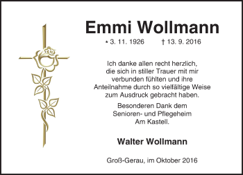 Traueranzeige von Emmi Wollmann von Trauerportal Echo Online
