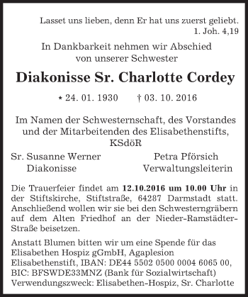 Traueranzeige von Charlotte Cordey von Trauerportal Echo Online
