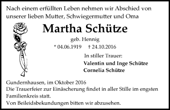 Traueranzeige von Martha Schütze von Trauerportal Echo Online