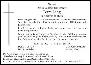 Traueranzeige von Petra Lang von Trauerportal Rhein Main Presse