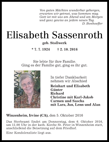 Traueranzeige von Elisabeth Sassenroth von Trauerportal Rhein Main Presse