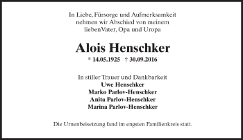 Traueranzeige von Alois Henschker von Trauerportal Rhein Main Presse