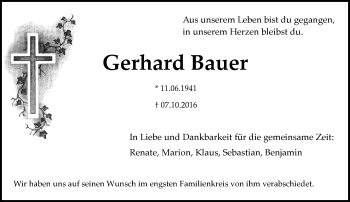 Traueranzeige von Gerhard Bauer von Trauerportal Echo Online