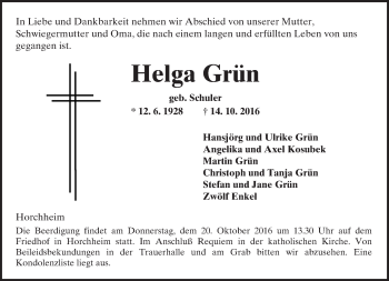 Traueranzeige von Helga Grün von Trauerportal Rhein Main Presse