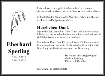 Traueranzeige von Eberhard Sperling von  Usinger Anzeiger