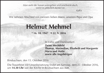 Traueranzeige von Helmut Mehmel von  Kreisanzeiger