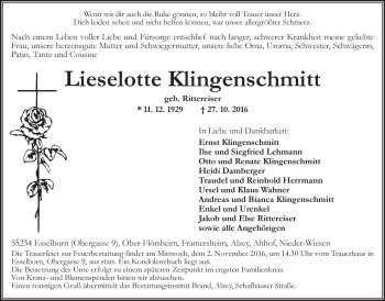 Traueranzeige von Lieselotte Klingenschmitt von Trauerportal Rhein Main Presse