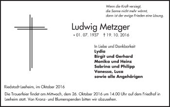 Traueranzeige von Ludwig Metzger von Trauerportal Echo Online