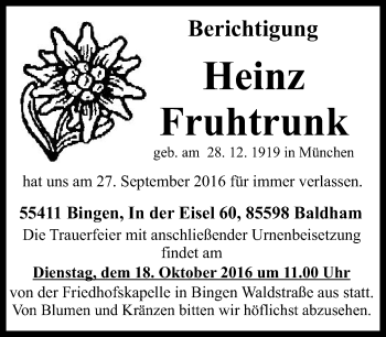 Traueranzeige von Heinz Fruhtrunk von Trauerportal Rhein Main Presse