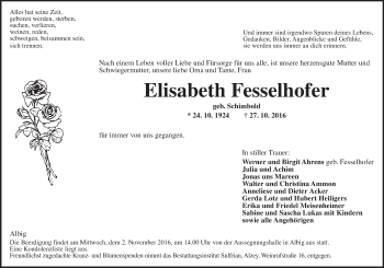 Traueranzeige von Elisabeth Fesselhofer von Trauerportal Rhein Main Presse