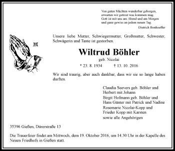 Traueranzeige von Wiltrud Böhler von  Gießener Anzeiger