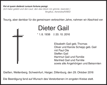 Traueranzeige von Dieter Gail von  Gießener Anzeiger