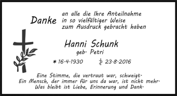Traueranzeige von Hanni Schank von Trauerportal Rhein Main Presse