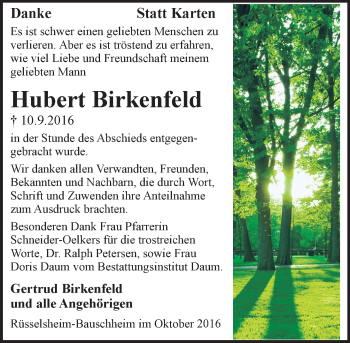 Traueranzeige von Hubert Birkenfeld von Trauerportal Rhein Main Presse