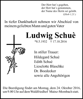 Traueranzeige von Ludwig Schuè von Trauerportal Rhein Main Presse