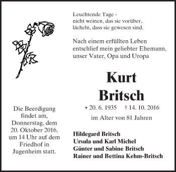 Traueranzeige von Kurt Britsch von Trauerportal Echo Online