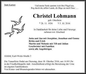 Traueranzeige von Christel Lohmann von VRM Trauer