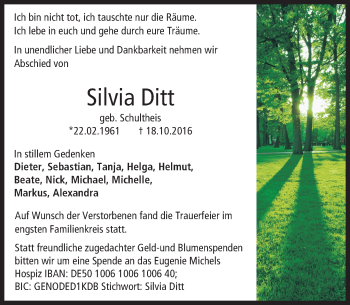Traueranzeige von Silvia Ditt von Trauerportal Rhein Main Presse