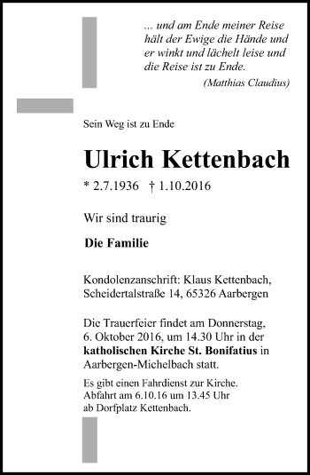 Traueranzeige von Ulrich Kettenbach von Trauerportal Rhein Main Presse