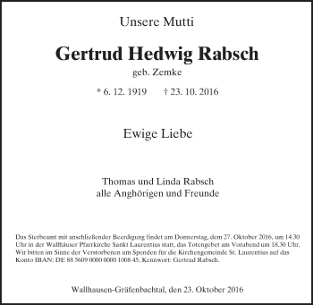 Traueranzeige von Gertrud Hedwig Rabsch von Trauerportal Rhein Main Presse