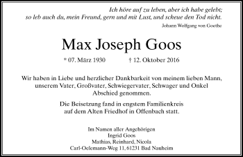 Traueranzeige von Max Joseph Goos von Trauerportal Rhein Main Presse