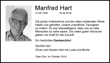 Traueranzeige von Manfred Hart von Trauerportal Rhein Main Presse
