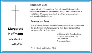 Traueranzeige von Margarete Hoffmann von Trauerportal Echo Online