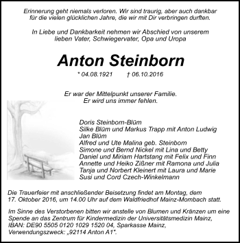 Traueranzeige von Anton Steinborn von Trauerportal Rhein Main Presse