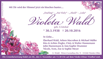 Traueranzeige von Violeta Wald von Trauerportal Rhein Main Presse