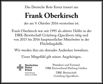 Traueranzeige von Frank Oberkirsch von  Gießener Anzeiger