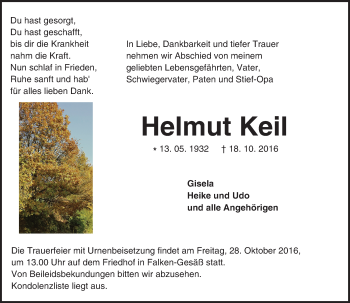 Traueranzeige von Helmut Keil von Trauerportal Echo Online