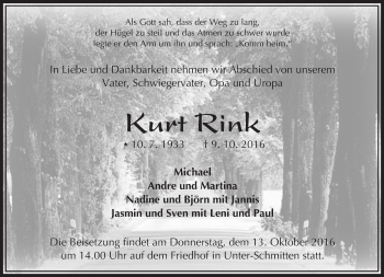 Traueranzeige von Kurt Rink von  Kreisanzeiger