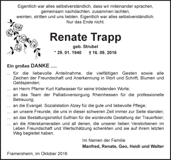 Traueranzeige von Renate Trapp von Trauerportal Rhein Main Presse