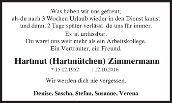 Traueranzeige von Hartmut Zimmermann von Trauerportal Rhein Main Presse