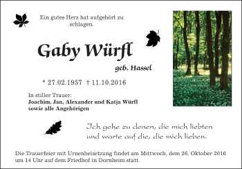 Traueranzeige von Gaby Würfl von Trauerportal Rhein Main Presse