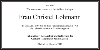 Traueranzeige von Christel Lohmann von VRM Trauer