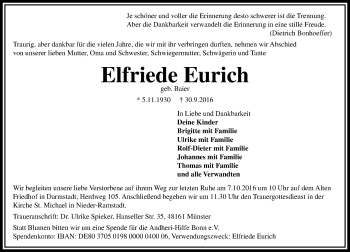 Traueranzeige von Elfriede Eurich von Trauerportal Echo Online