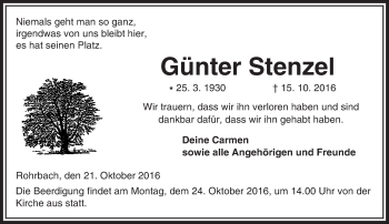 Traueranzeige von Günter Stenzel von  Kreisanzeiger
