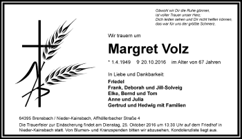 Traueranzeige von Margret Volz von Trauerportal Echo Online
