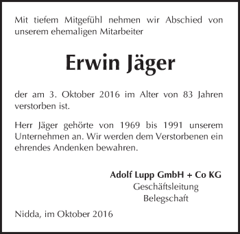 Traueranzeige von Erwin Jäger von  Kreisanzeiger