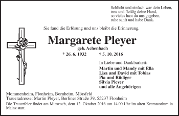 Traueranzeige von Margarete Pleyer von Trauerportal Rhein Main Presse