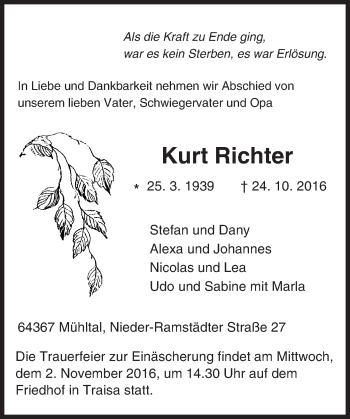 Traueranzeige von Kurt Richter von Trauerportal Echo Online
