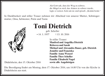 Traueranzeige von Toni Dietrich von  Kreisanzeiger