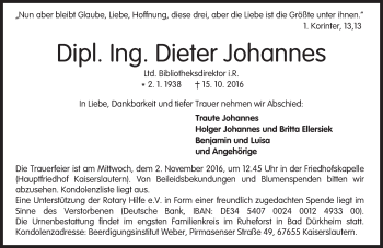Traueranzeige von Dieter Johannes von Trauerportal Rhein Main Presse