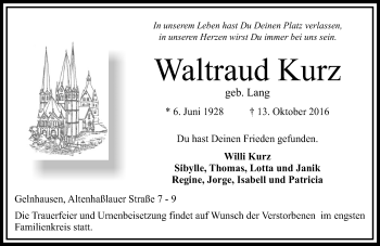 Traueranzeige von Waltraud Kurz von  Gelnhäuser Tageblatt
