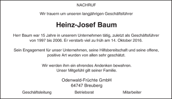 Traueranzeige von Heinz-Josef Baum von Trauerportal Echo Online
