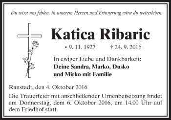 Traueranzeige von Katica Ribaric von  Kreisanzeiger