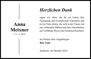Traueranzeige von Anna Meixner von Trauerportal Rhein Main Presse