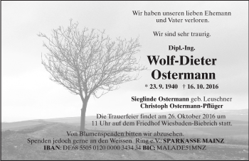 Traueranzeige von Wolf-Dieter Ostermann von Trauerportal Rhein Main Presse