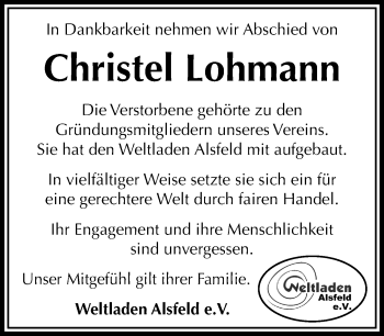 Traueranzeige von Christel Lohmann von VRM Trauer